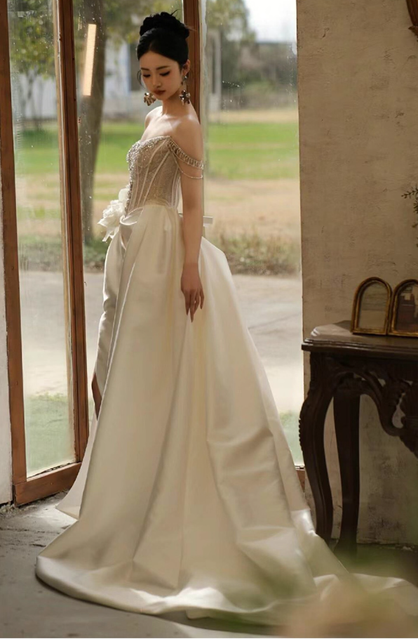 Fantastic Beading Satin Fabric High-Slit Maxi Dress Floral Off-Shoulder Strapless Wedding Dress AP0913
