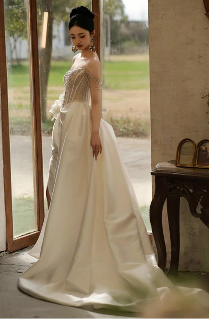 Fantastic Beading Satin Fabric High-Slit Maxi Dress Floral Off-Shoulder Strapless Wedding Dress AP0913