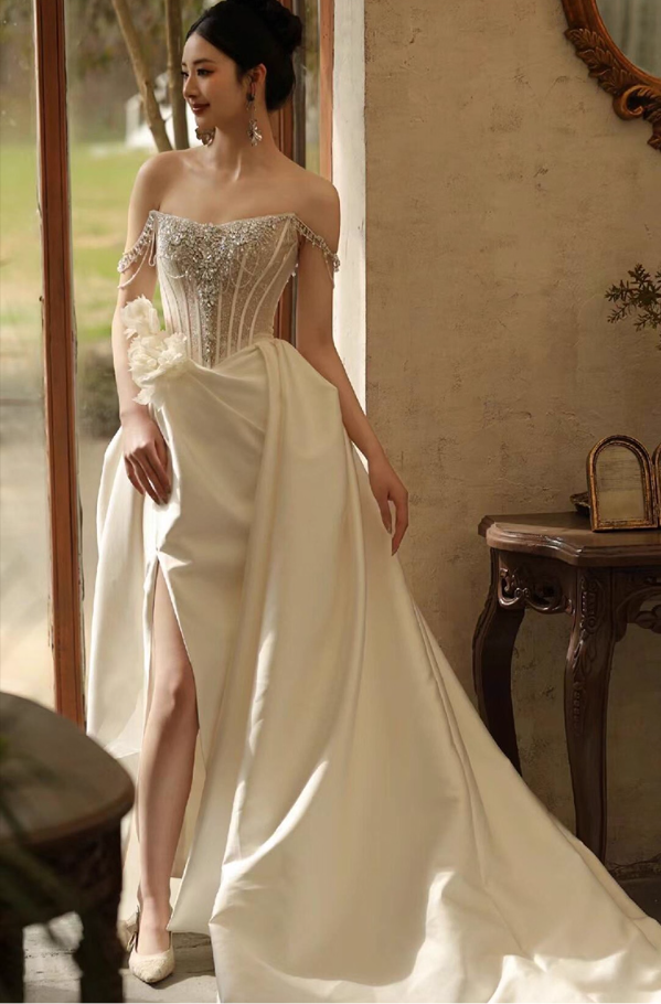 Fantastic Beading Satin Fabric High-Slit Maxi Dress Floral Off-Shoulder Strapless Wedding Dress AP0913