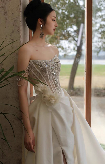 Fantastic Beading Satin Fabric High-Slit Maxi Dress Floral Off-Shoulder Strapless Wedding Dress AP0913