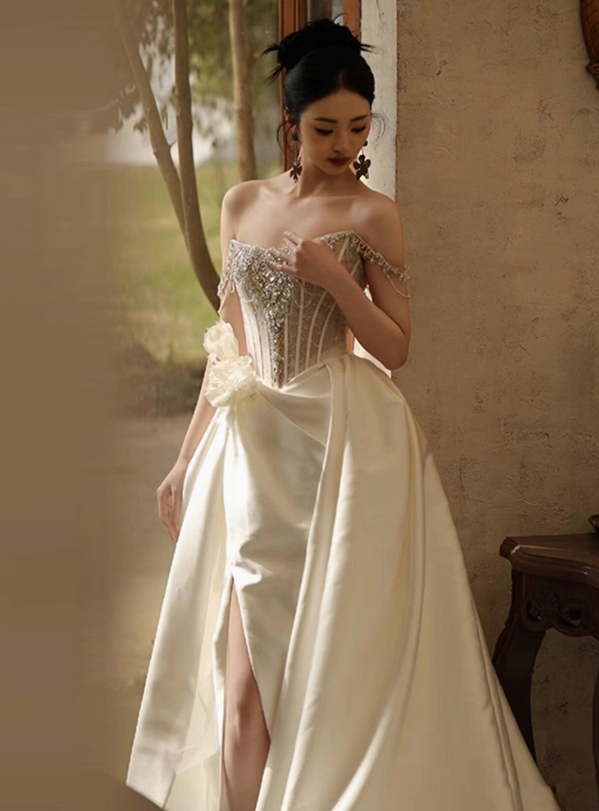 Fantastic Beading Satin Fabric High-Slit Maxi Dress Floral Off-Shoulder Strapless Wedding Dress AP0913