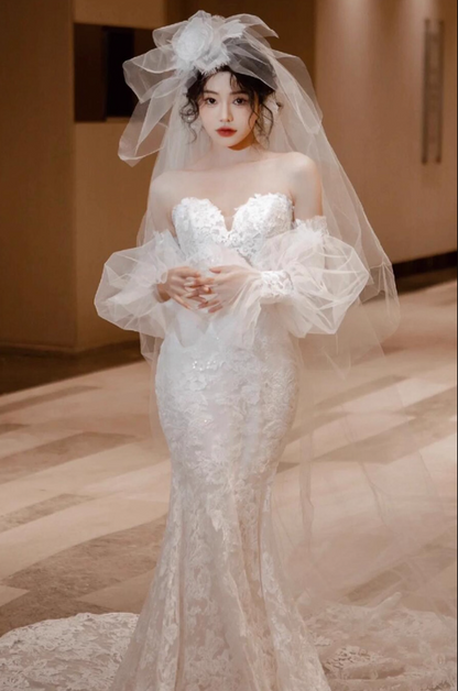 Graceful Sweetheart Neckline Mermaid Dress Strapless Sheer Lace Overlay Strapless Wedding Dress AP0914