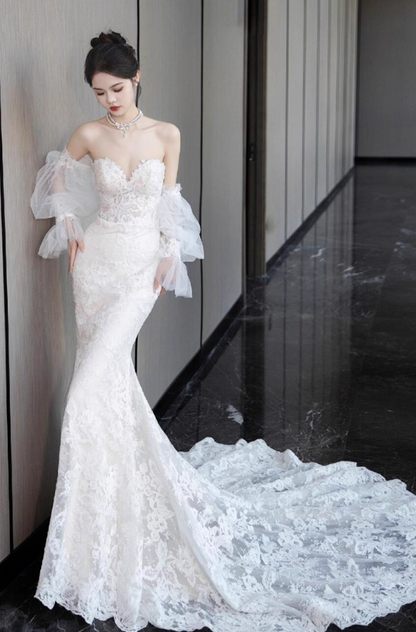 Graceful Sweetheart Neckline Mermaid Dress Strapless Sheer Lace Overlay Strapless Wedding Dress AP0914