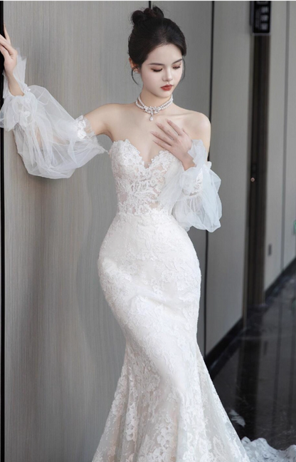 Graceful Sweetheart Neckline Mermaid Dress Strapless Sheer Lace Overlay Strapless Wedding Dress AP0914