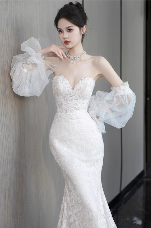 Graceful Sweetheart Neckline Mermaid Dress Strapless Sheer Lace Overlay Strapless Wedding Dress AP0914