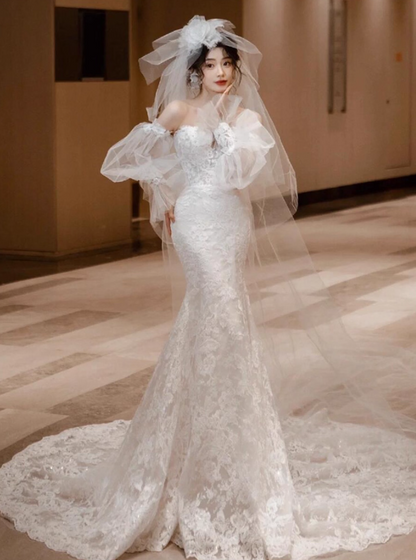 Graceful Sweetheart Neckline Mermaid Dress Strapless Sheer Lace Overlay Strapless Wedding Dress AP0914