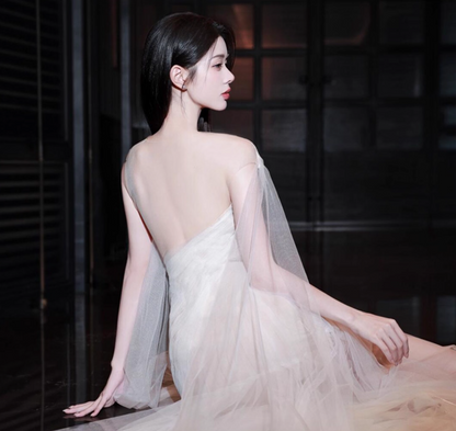 Ethereal Sheer Tulle Layered Mesh Stole Evening Dress Round Neckline A-Line Prom Dress AP0915