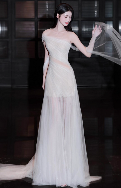 Ethereal Sheer Tulle Layered Mesh Stole Evening Dress Round Neckline A-Line Prom Dress AP0915