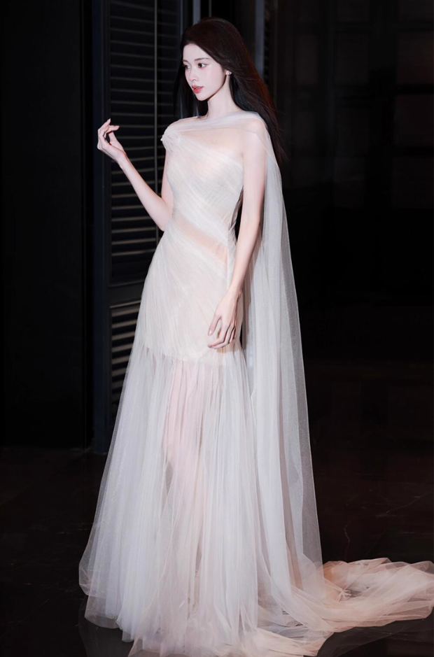 Ethereal Sheer Tulle Layered Mesh Stole Evening Dress Round Neckline A-Line Prom Dress AP0915