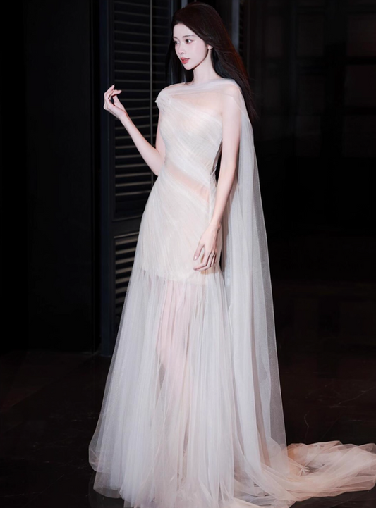 Ethereal Sheer Tulle Layered Mesh Stole Evening Dress Round Neckline A-Line Prom Dress AP0915
