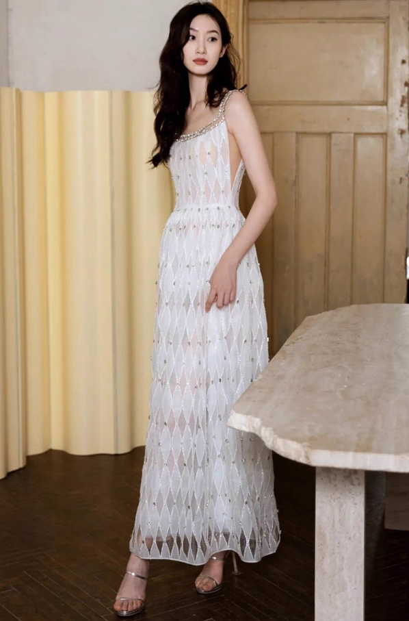 Niche Rhinestone Glitter Flowy Ceremonies Dress Chic Beading Strap Patterned Mesh Prom Dress AP0916