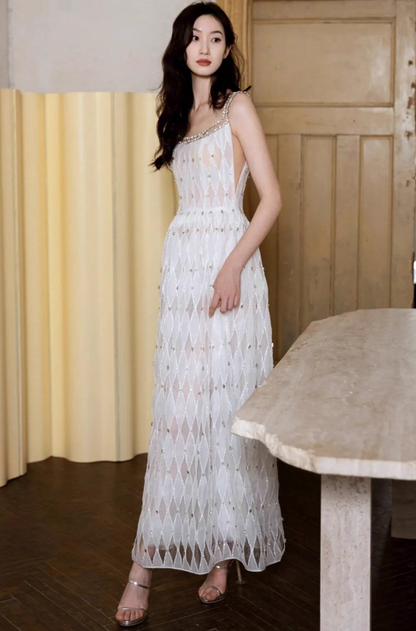 Niche Rhinestone Glitter Flowy Ceremonies Dress Chic Beading Strap Patterned Mesh Prom Dress AP0916