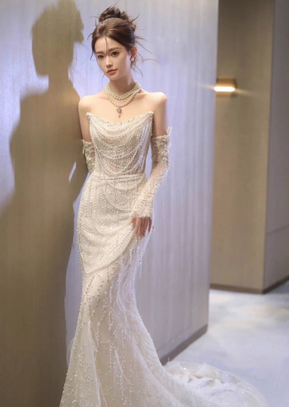 Exquisite Strapless Beading  Mermaid Dress Hollow Sheer Mesh Open-Waist Sheath Wedding Dress AP0917
