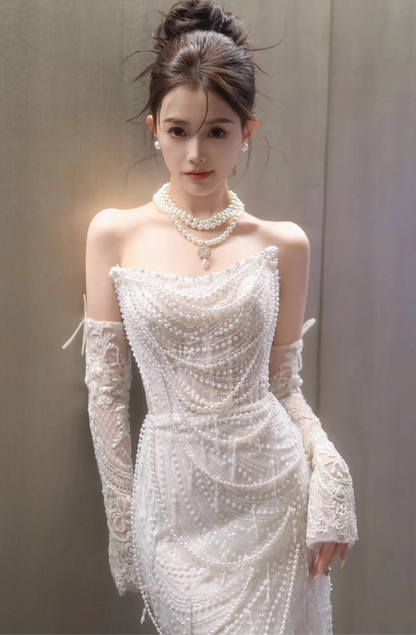 Exquisite Strapless Beading  Mermaid Dress Hollow Sheer Mesh Open-Waist Sheath Wedding Dress AP0917