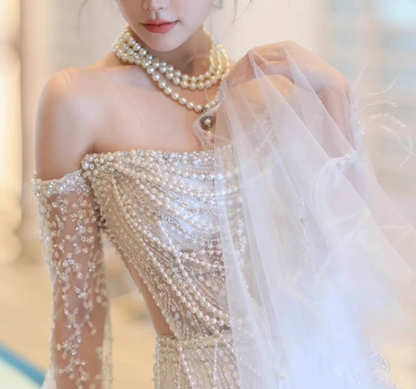 Exquisite Strapless Beading  Mermaid Dress Hollow Sheer Mesh Open-Waist Sheath Wedding Dress AP0917