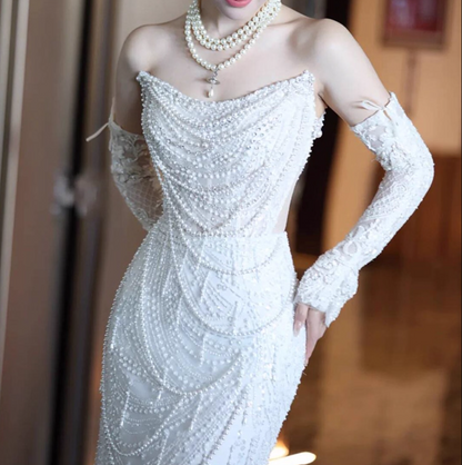 Exquisite Strapless Beading  Mermaid Dress Hollow Sheer Mesh Open-Waist Sheath Wedding Dress AP0917