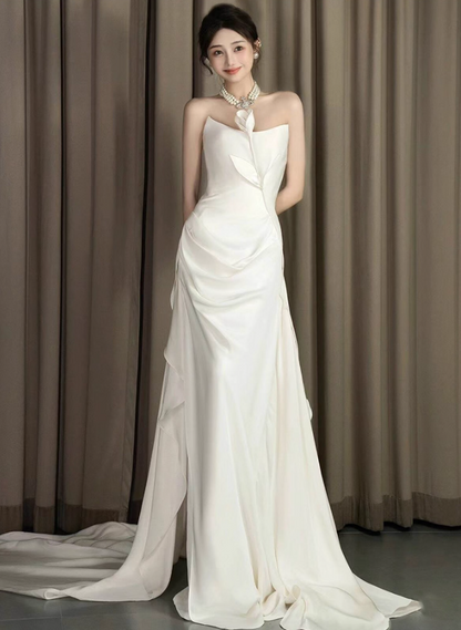 Classical Ivory Strapless Mermaid Dress Draped Handmade Floral Sheath Wedding Dress AP0918