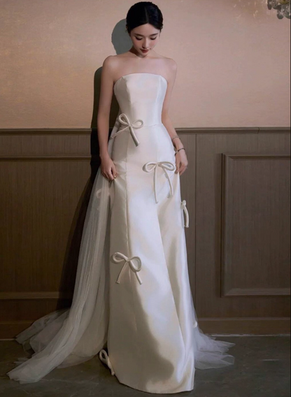 Elegant Satin Fabric Strapless Maxi Dress Backless Bow-Knot Design Sheer Tulle Splicing Wedding Dress AP0919
