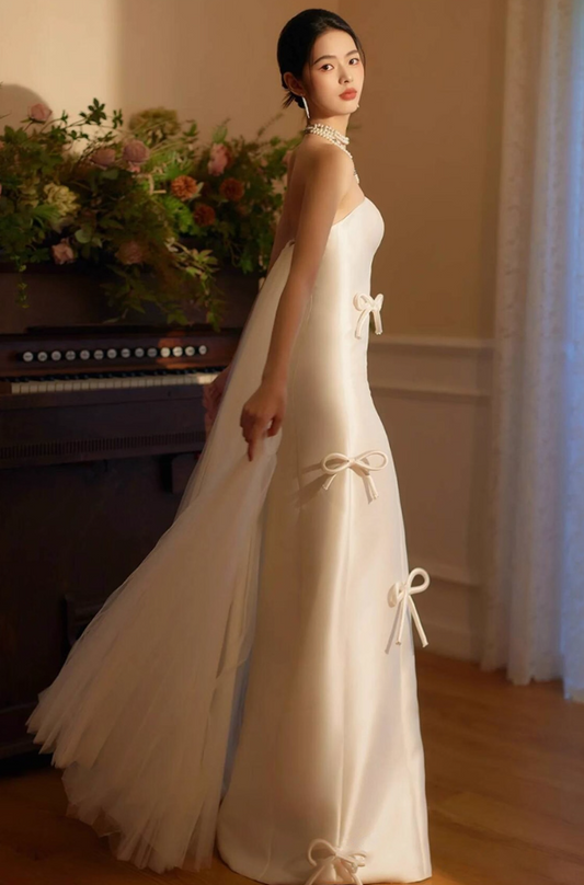Elegant Satin Fabric Strapless Maxi Dress Backless Bow-Knot Design Sheer Tulle Splicing Wedding Dress AP0919