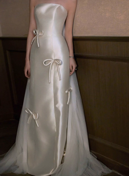 Elegant Satin Fabric Strapless Maxi Dress Backless Bow-Knot Design Sheer Tulle Splicing Wedding Dress AP0919