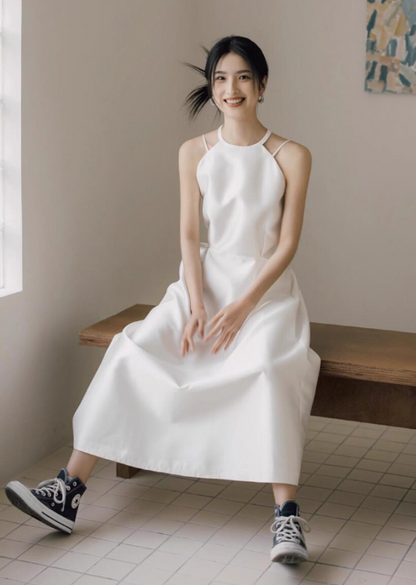 Fashionable Smooth Satin Fabric Ceremonies Dress Minimalist Sleeveless Halter Prom Dress AP0920