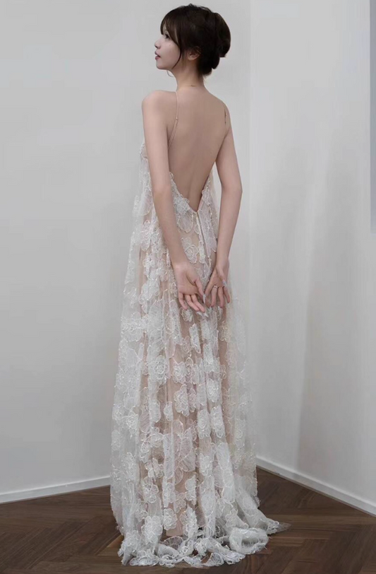 Ethereal Applique Lace Layered Ceremonies Dress With Lining Niche Sleeveless Halter Prom Dress AP0921