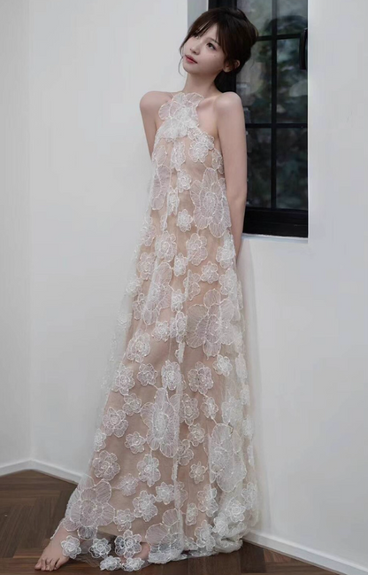 Ethereal Applique Lace Layered Ceremonies Dress With Lining Niche Sleeveless Halter Prom Dress AP0921