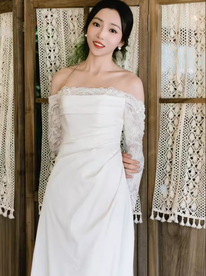 Fancy Sheer Lace Long Sleeve Maxi Dress Strapless Off-Shoulder CinChed-Waist  Prom Dress AP0922