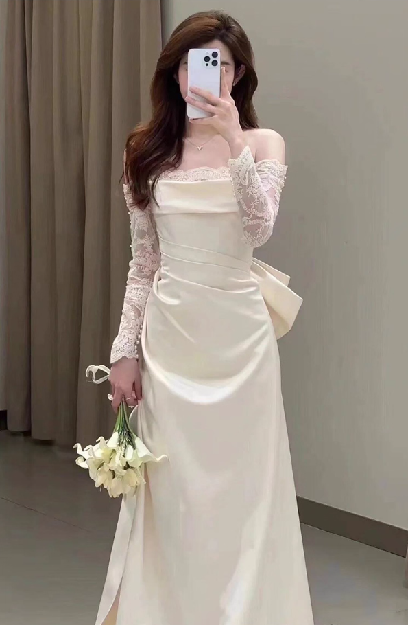 Fancy Sheer Lace Long Sleeve Maxi Dress Strapless Off-Shoulder CinChed-Waist  Prom Dress AP0922