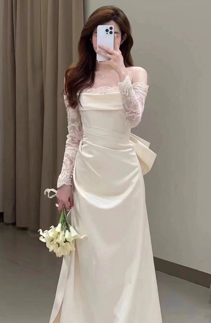 Fancy Sheer Lace Long Sleeve Maxi Dress Strapless Off-Shoulder CinChed-Waist  Prom Dress AP0922