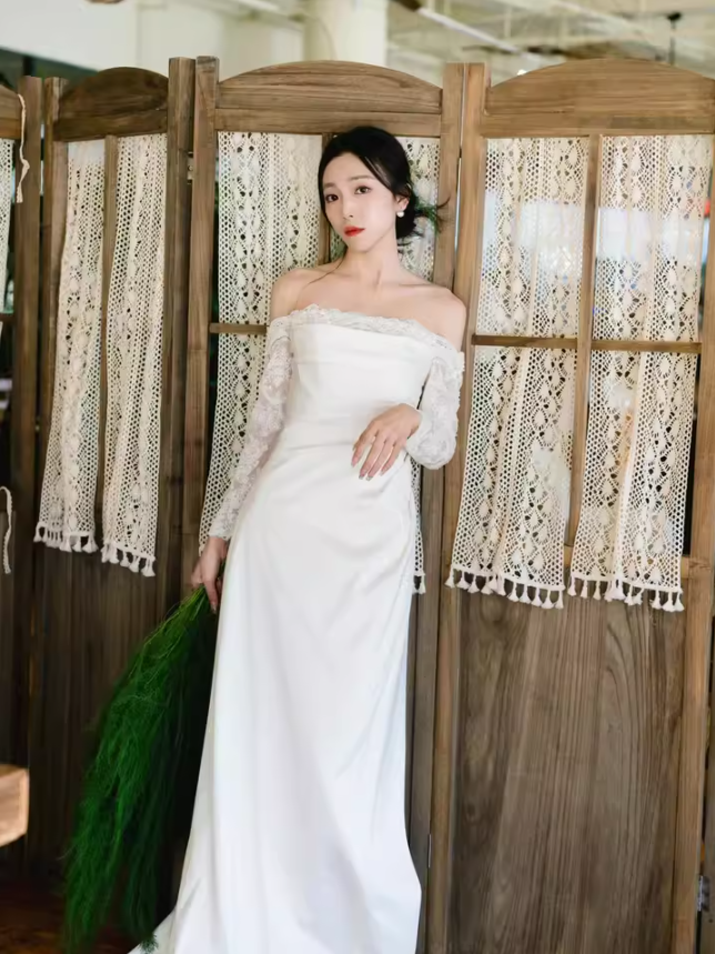 Fancy Sheer Lace Long Sleeve Maxi Dress Strapless Off-Shoulder CinChed-Waist  Prom Dress AP0922