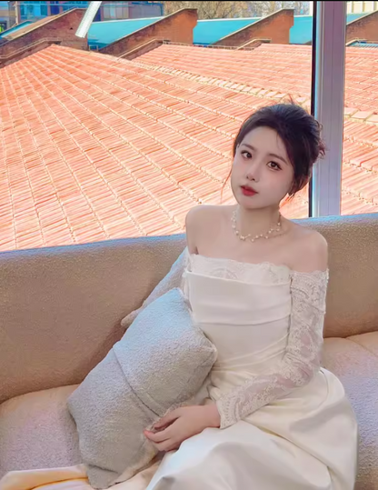 Fancy Sheer Lace Long Sleeve Maxi Dress Strapless Off-Shoulder CinChed-Waist  Prom Dress AP0922