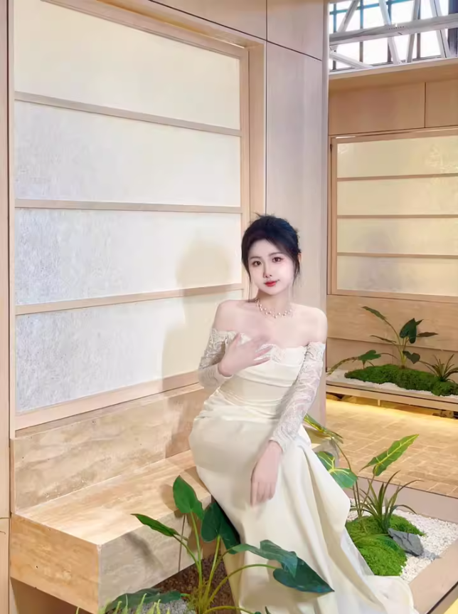 Fancy Sheer Lace Long Sleeve Maxi Dress Strapless Off-Shoulder CinChed-Waist  Prom Dress AP0922