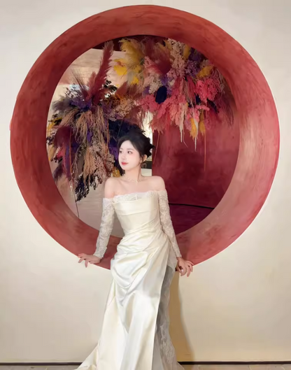 Fancy Sheer Lace Long Sleeve Maxi Dress Strapless Off-Shoulder CinChed-Waist  Prom Dress AP0922