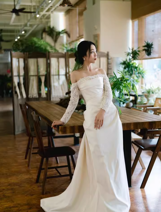 Fancy Sheer Lace Long Sleeve Maxi Dress Strapless Off-Shoulder CinChed-Waist  Prom Dress AP0922