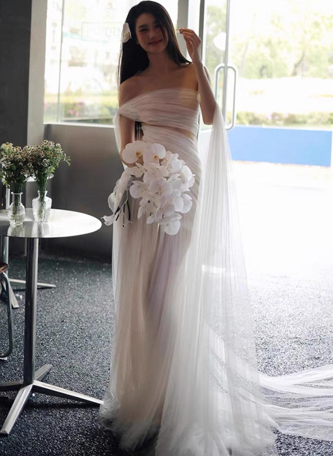 Ethereal Sheer Tulle Layered Sweet 16 Maxi Dress Strapless Open-Waist Off-Shoulder Prom Dress AP0923