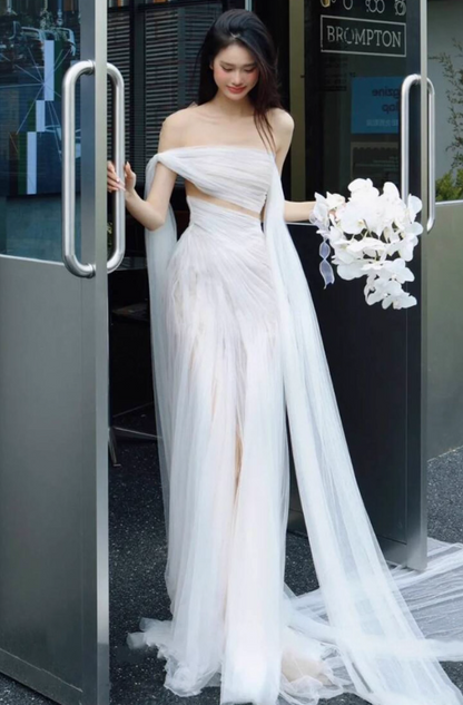 Ethereal Sheer Tulle Layered Sweet 16 Maxi Dress Strapless Open-Waist Off-Shoulder Prom Dress AP0923