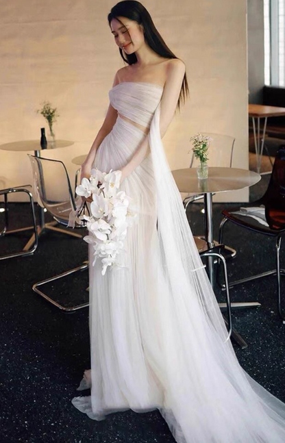 Ethereal Sheer Tulle Layered Sweet 16 Maxi Dress Strapless Open-Waist Off-Shoulder Prom Dress AP0923