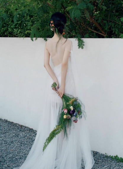 Ethereal Sheer Tulle Layered Sweet 16 Maxi Dress Strapless Open-Waist Off-Shoulder Prom Dress AP0923