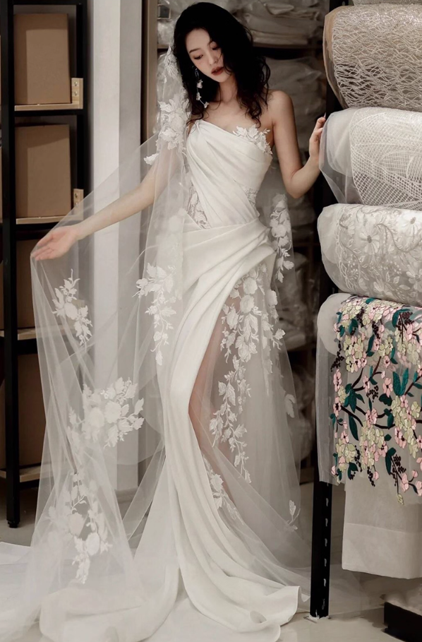 Dreamy Applique Tulle Splicing Birthday Outfit Maxi Dress Asymmetric Neckline Prom Dress AP0925