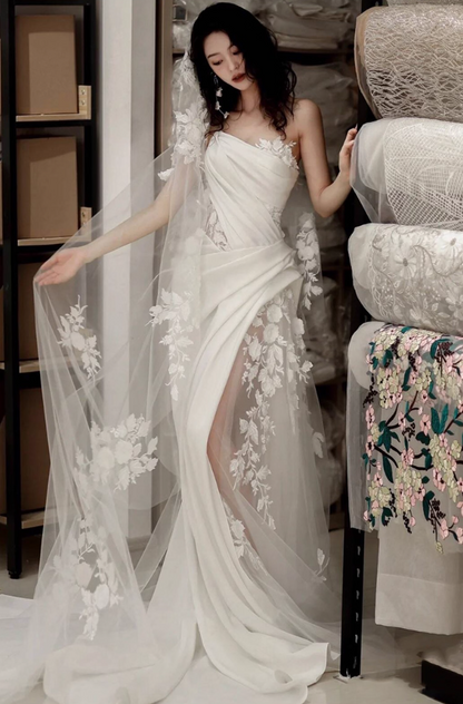 Dreamy Applique Tulle Splicing Birthday Outfit Maxi Dress Asymmetric Neckline Prom Dress AP0925