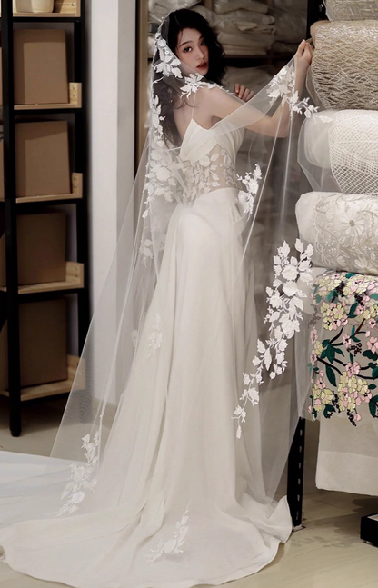 Dreamy Applique Tulle Splicing Birthday Outfit Maxi Dress Asymmetric Neckline Prom Dress AP0925