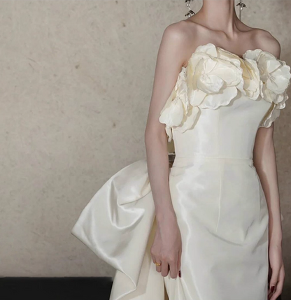 Fashionable Stereo Flowers Strapless Birthday Outfit Maxi Dress Backless Bow Ornament Prom Dress AP0926