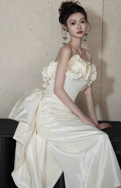 Fashionable Stereo Flowers Strapless Birthday Outfit Maxi Dress Backless Bow Ornament Prom Dress AP0926