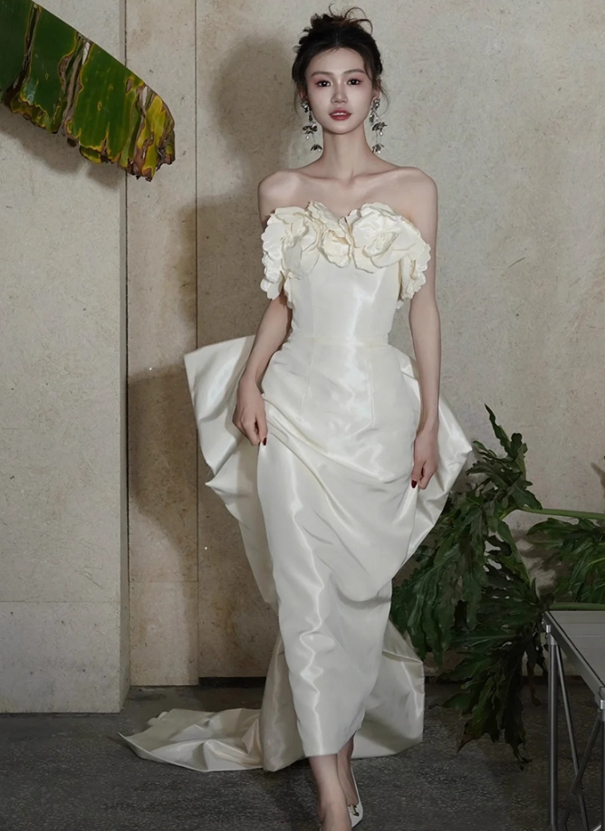 Fashionable Stereo Flowers Strapless Birthday Outfit Maxi Dress Backless Bow Ornament Prom Dress AP0926