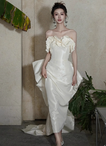 Fashionable Stereo Flowers Strapless Birthday Outfit Maxi Dress Backless Bow Ornament Prom Dress AP0926