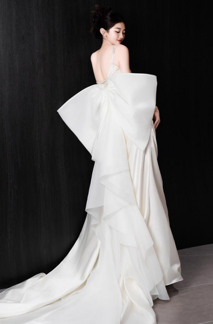 Elegant Big Bow Strapless Birthday Outfit Maxi Dress Draped One Shoulder Applique Tulle Splicing Prom Dress AP0927