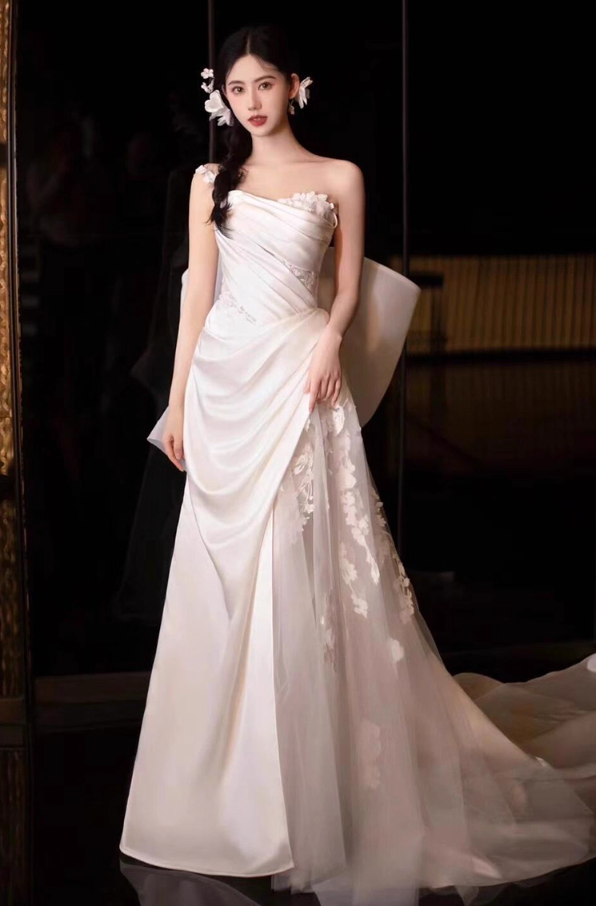 Elegant Big Bow Strapless Birthday Outfit Maxi Dress Draped One Shoulder Applique Tulle Splicing Prom Dress AP0927