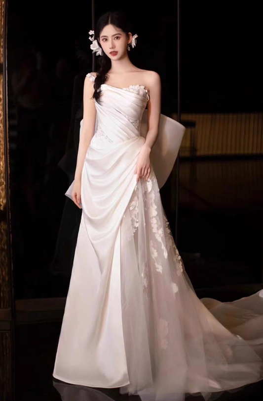 Elegant Big Bow Strapless Birthday Outfit Maxi Dress Draped One Shoulder Applique Tulle Splicing Prom Dress AP0927