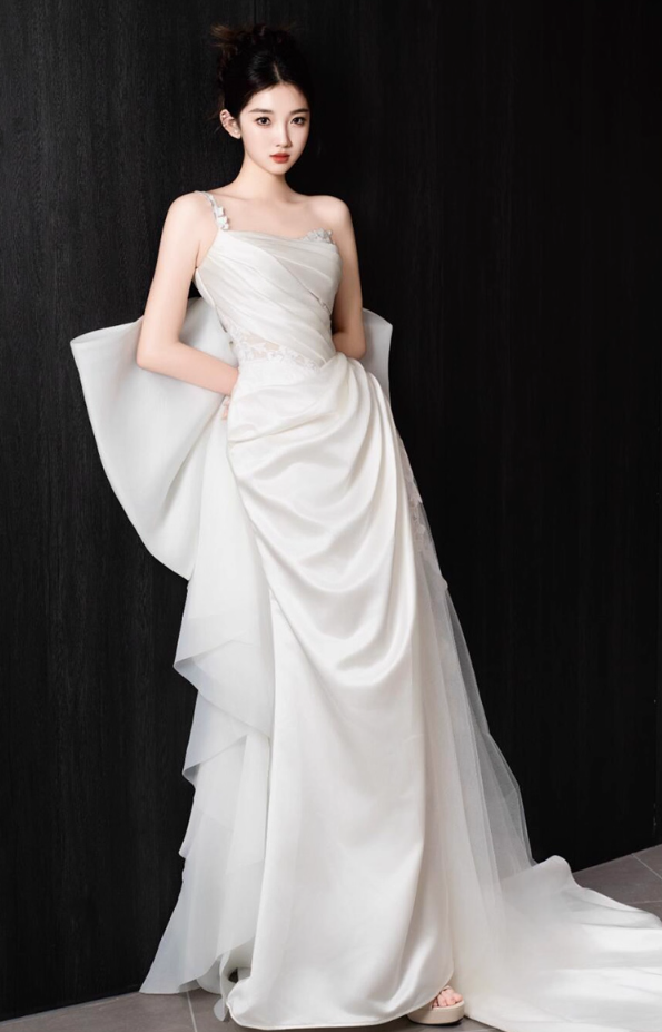 Elegant Big Bow Strapless Birthday Outfit Maxi Dress Draped One Shoulder Applique Tulle Splicing Prom Dress AP0927